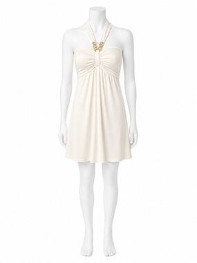 Carmen Marc Valvo Halter Swim Dress Cream White Ruched One Piece Swimsuit 14 XL